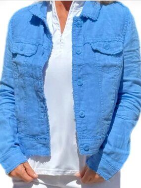 Lulu B Linen Jacket Medium XL Blue Lightweight Beach Coastal Luxury Raw Hem Crop